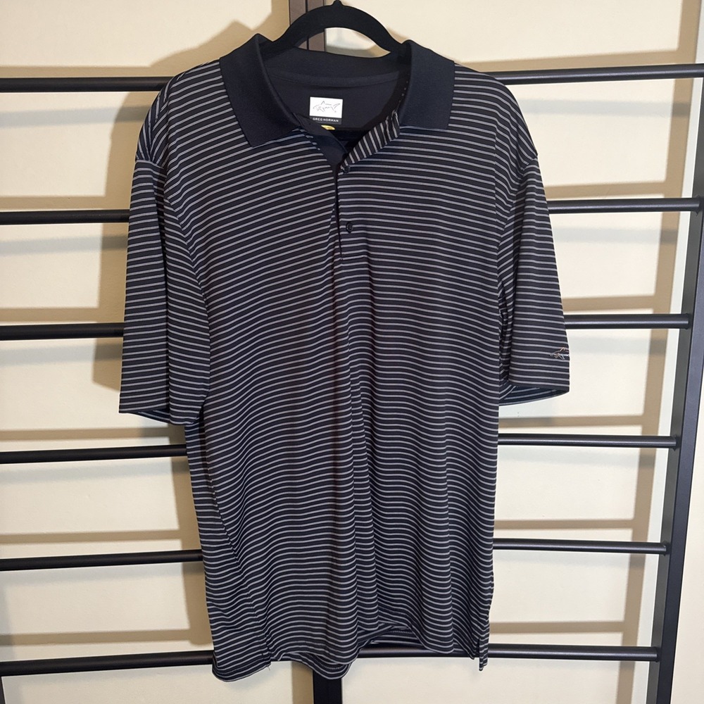 Greg Norman For Tasso Elba Mens Play Dry Blue Navy & White Striped Shirt Sz L